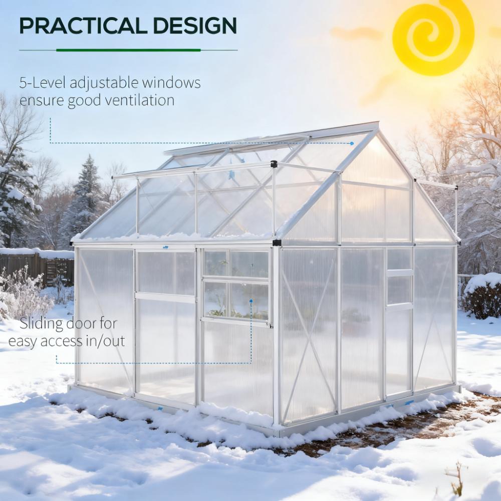 Silver  6.2' W x 6.2' D x 6.6' H Aluminum  greenhouse Heavy Duty Green House with Adjustable Roof Vent Rain Gutter and Sliding Door for Winter