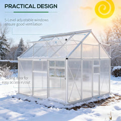 Silver  6.2' W x 6.2' D x 6.6' H Aluminum  greenhouse Heavy Duty Green House with Adjustable Roof Vent Rain Gutter and Sliding Door for Winter