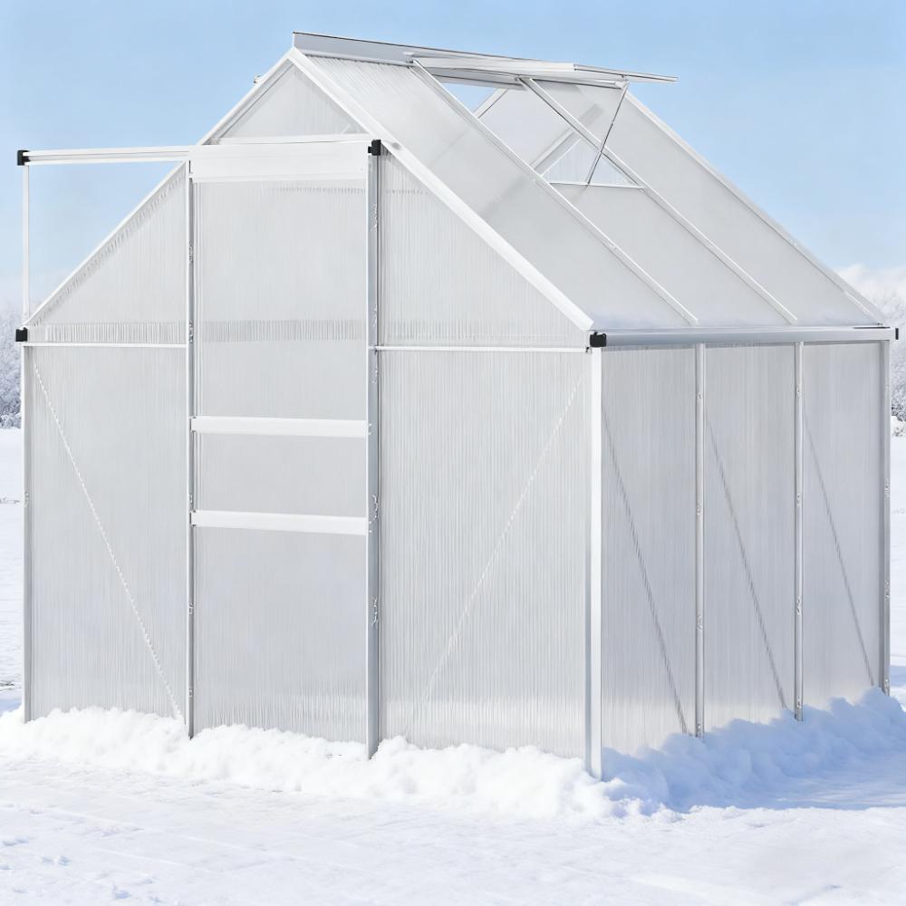 Silver  6.2' W x 6.2' D x 6.6' H Aluminum  greenhouse Heavy Duty Green House with Adjustable Roof Vent Rain Gutter and Sliding Door for Winter
