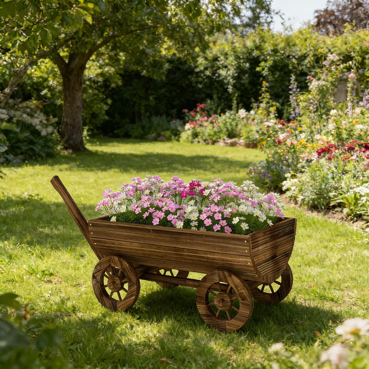 Small Wheelbarrow Wagon Flower Cart,Wooden Mobile Garden Planter