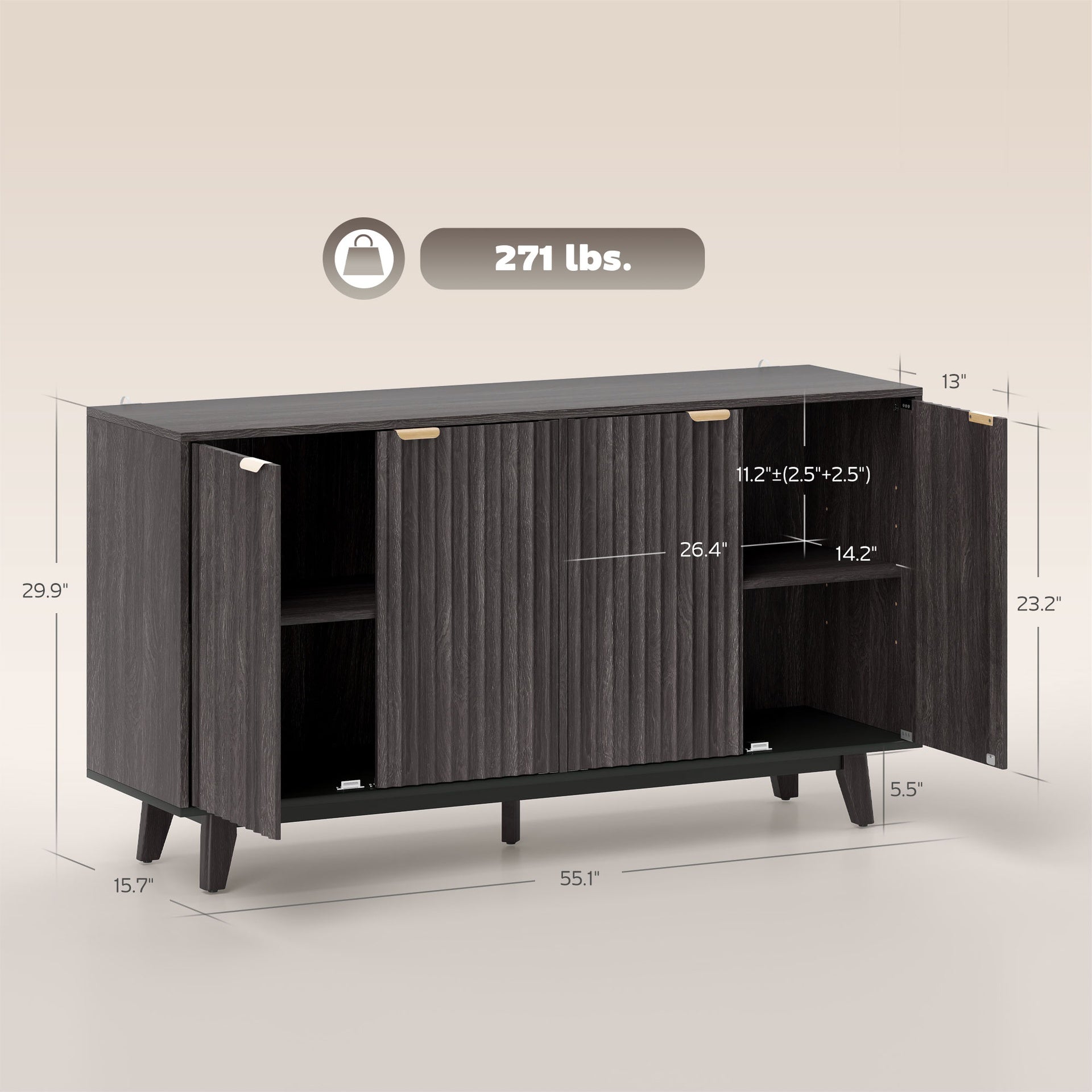 Coffee Bar Cabinet,Fluted Sideboard Buffet Cabinet,with Doors,Adjustable Shelves,Wood Legs