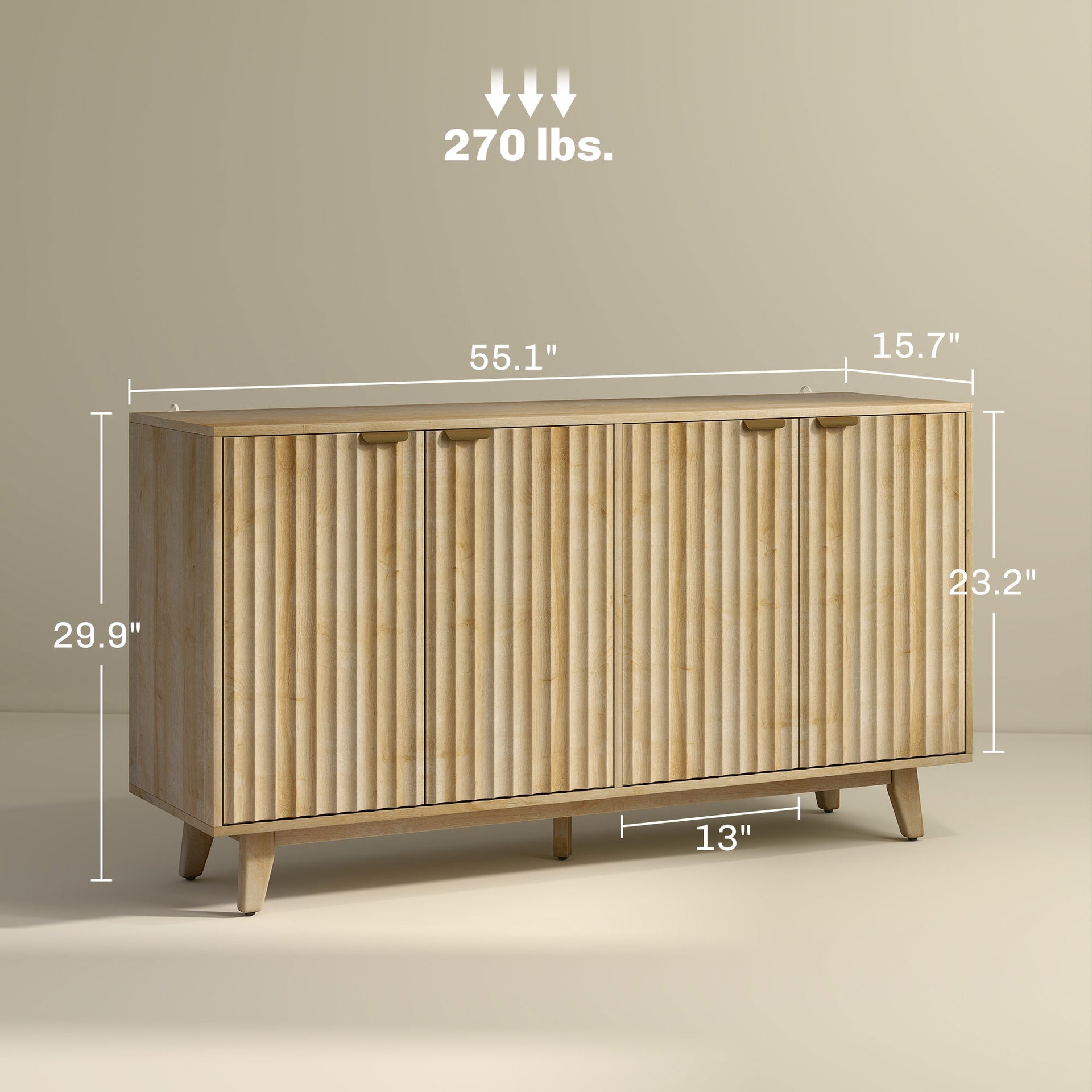 Convenient Cabinet,Fluted Sideboard Buffet Cabinet,with Doors,Adjustable Shelves,Wood Legs
