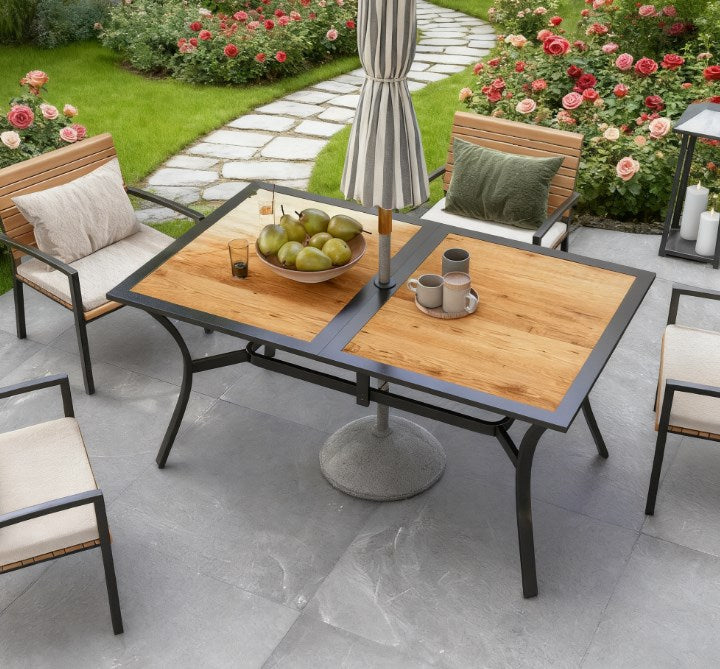 Stable Faux Wood Rectangle Outdoor Dining Table,Rectangle Outdoor Dining Table,Rectangular Patio Table with Umbrella Hole