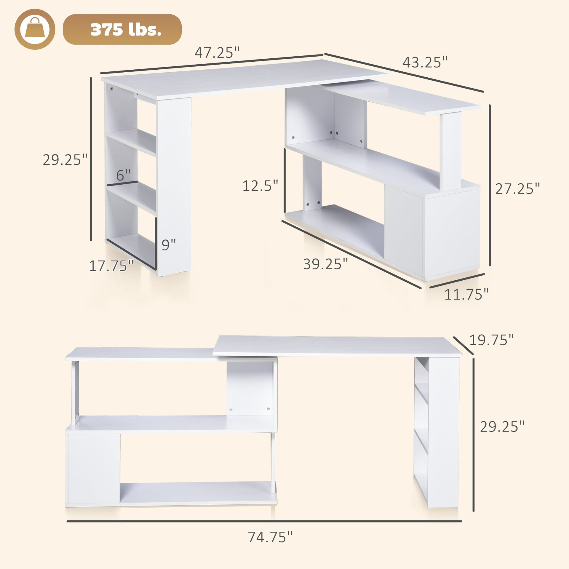 Writing Table Workstation,L Shaped Corner Computer Desk,360° Rotating Home Office Desk
