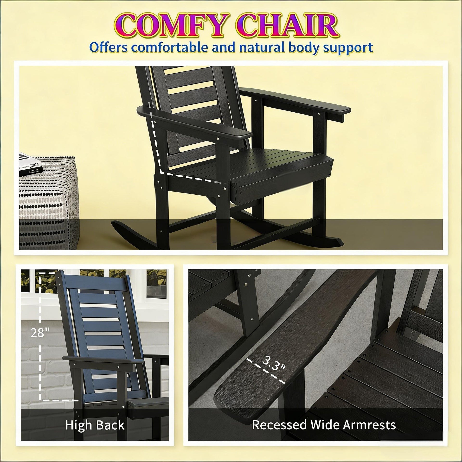 Black High Back Chairs,2 Pieces Outdoor Rocking Chairs