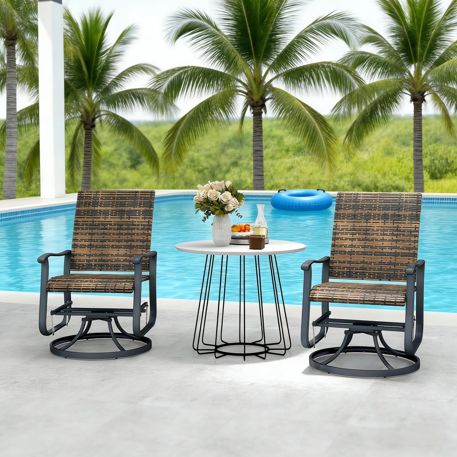 Outdoor Chair,Wicker Rattan Swivel Chair Set