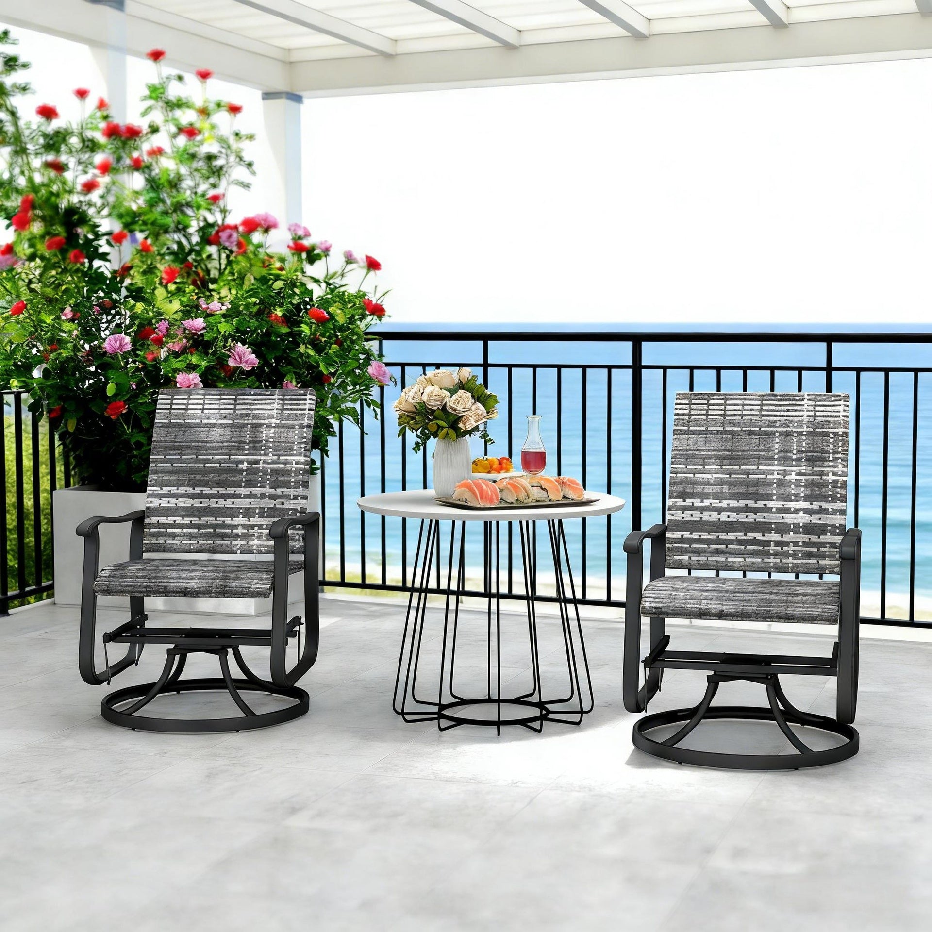 Outdoor Gray Chair,Wicker Rattan Swivel Chair Set