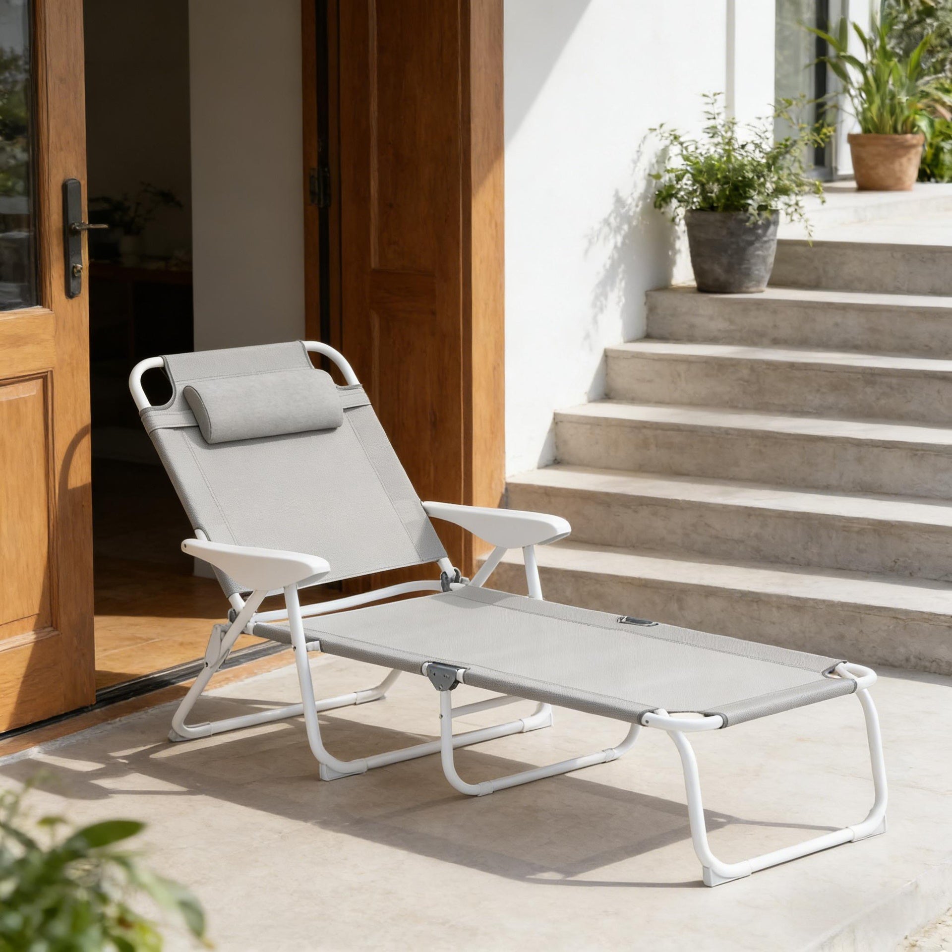 Outdoor Tanning Chair,Light Gray Folding Chaise Lounge Chair