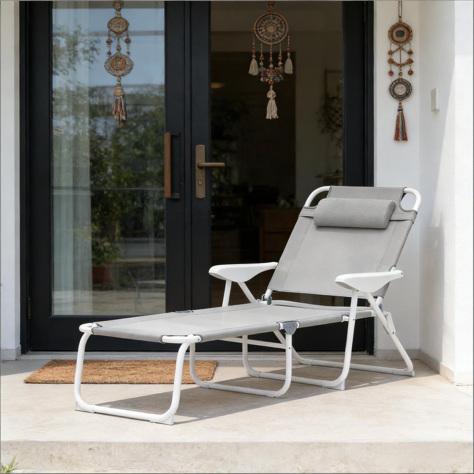Outdoor Tanning Chair,Light Gray Folding Chaise Lounge Chair