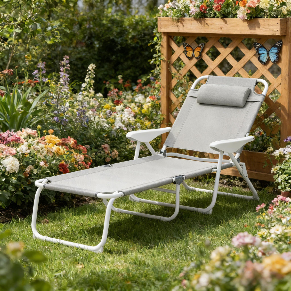 Outdoor Tanning Chair,Light Gray Folding Chaise Lounge Chair