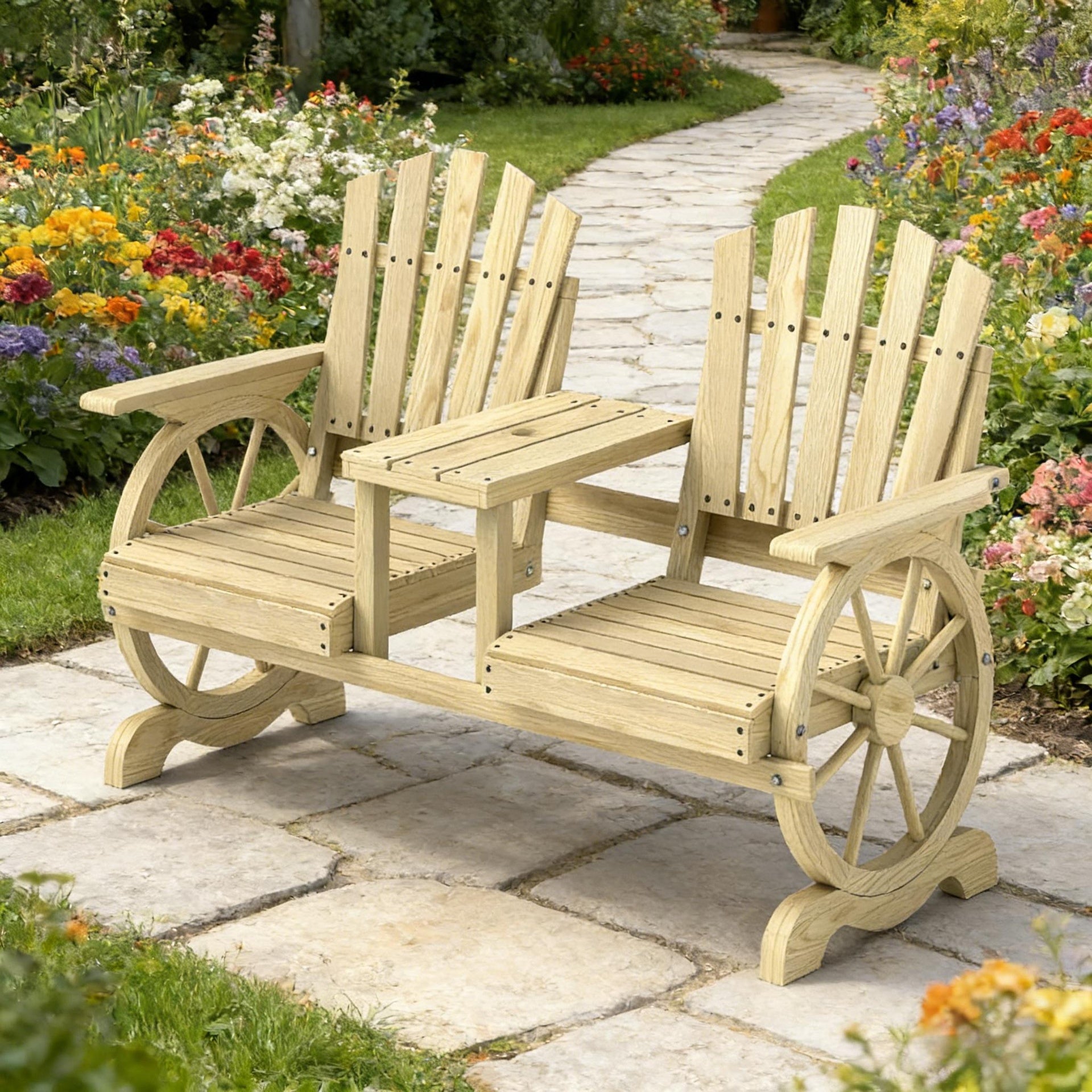 High Backrest Wooden Garden Bench,2-Seat Patio Bench