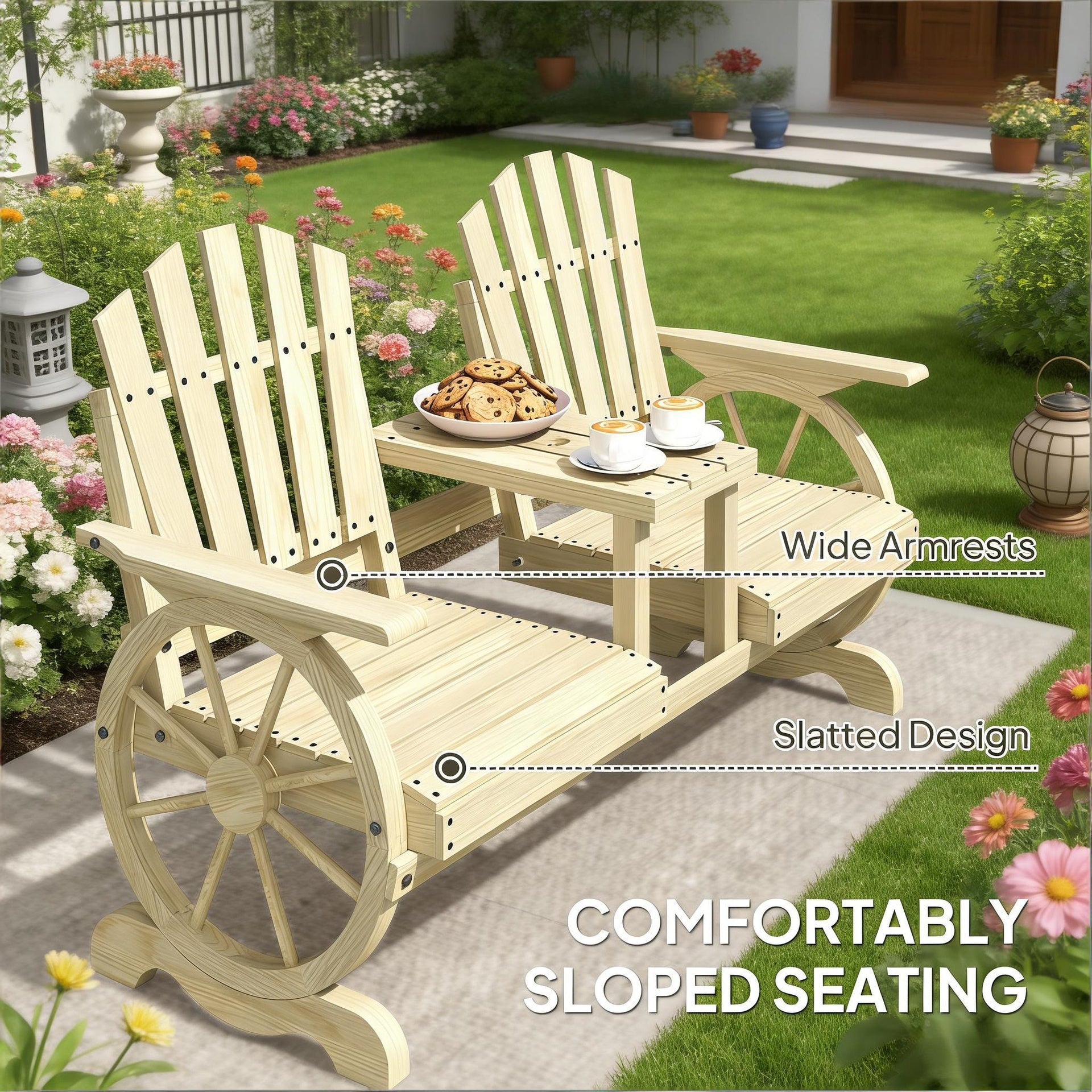 High Backrest Wooden Garden Bench,2-Seat Patio Bench