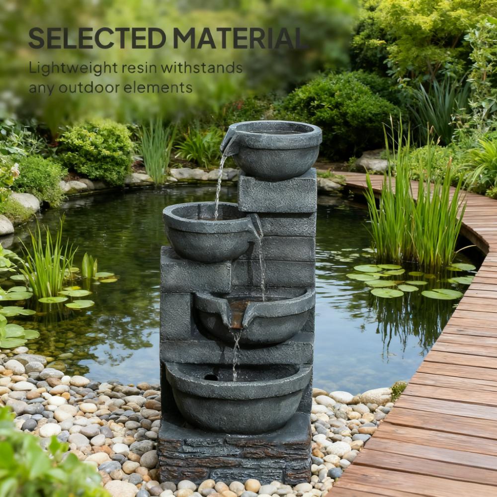 Garden Fountain,Tall Outdoor Waterfall Fountain with LED Lights, 4-Tier Resin Cascading Water Bowls with Pump