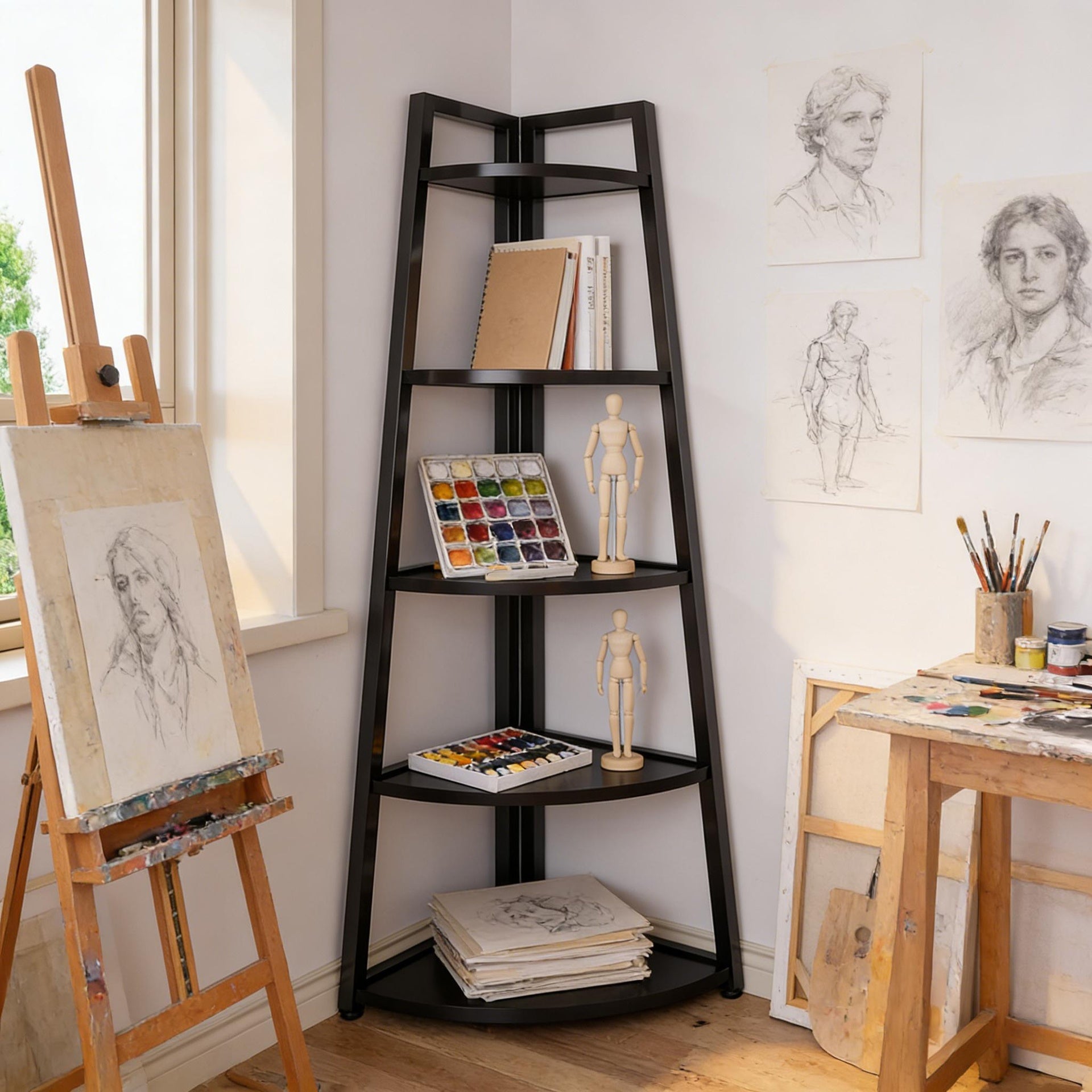 Tall Ladder Display Shelf,Small Storage Shelf,5-Tier Bookshelf,Corner Shelf