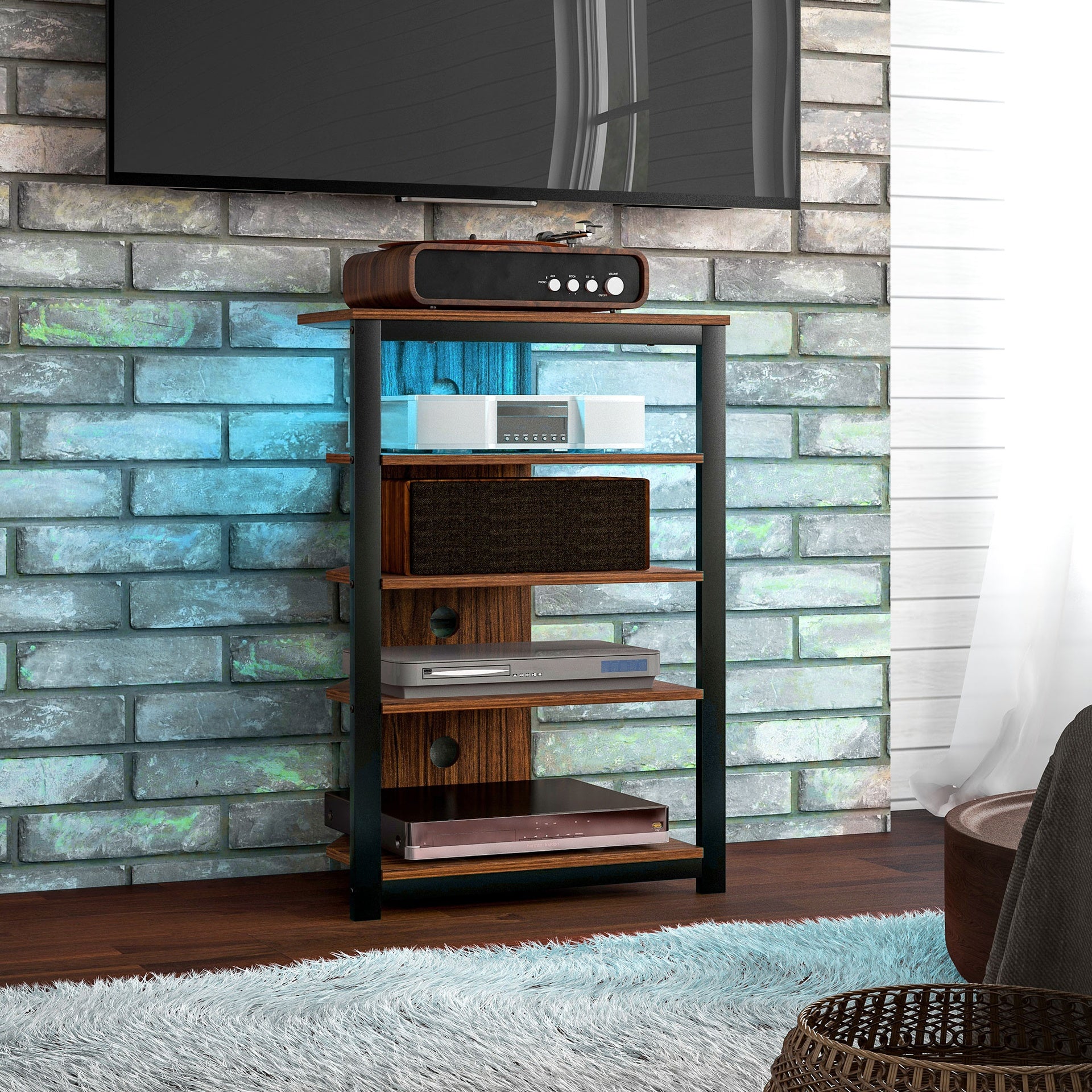 LED TV Stand, Entertainment Center with Storage Shelves and Steel Frame , Brown