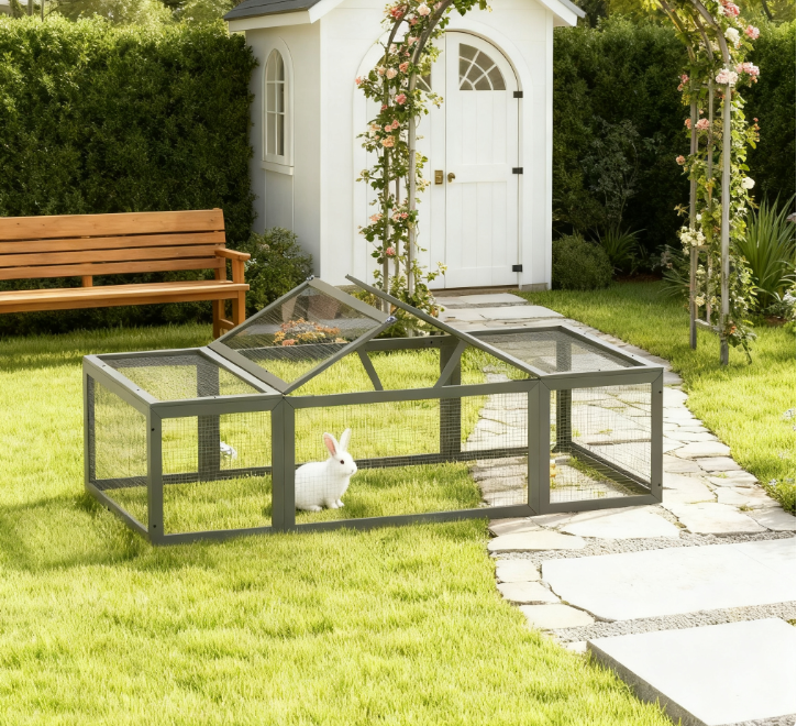Large Wooden Rabbit Hutch  Habitat Enclosure Outdoor Run and Lockable Doors , Gray