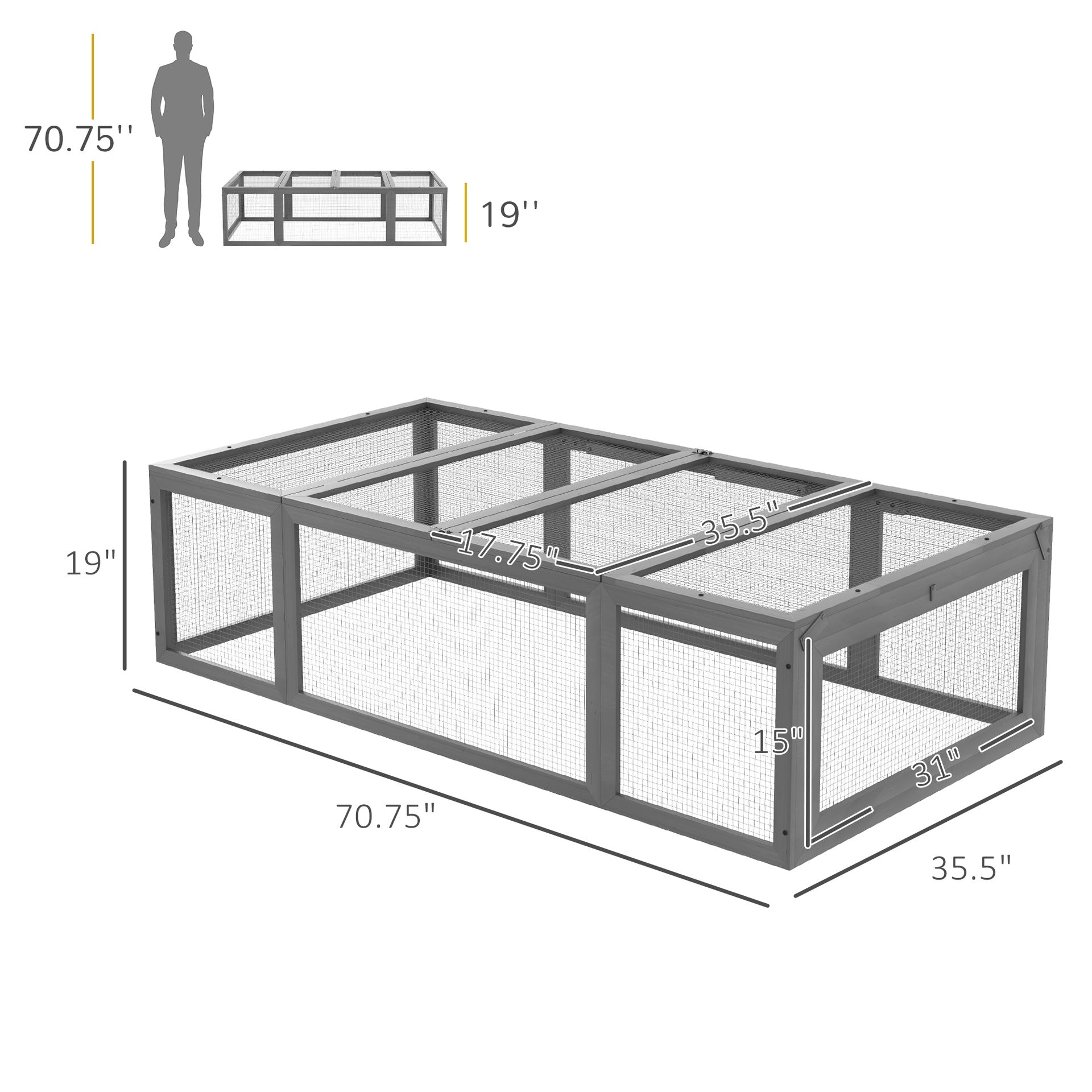 Large Wooden Rabbit Hutch  Habitat Enclosure Outdoor Run and Lockable Doors , Gray