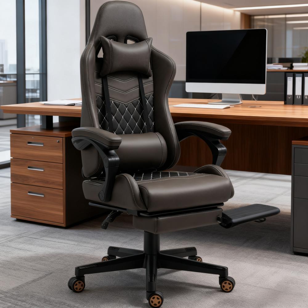 PU Leather Office Gamer Chair High Back Swivel Recliner with Footrest,Lumbar Support,Adjustable Height