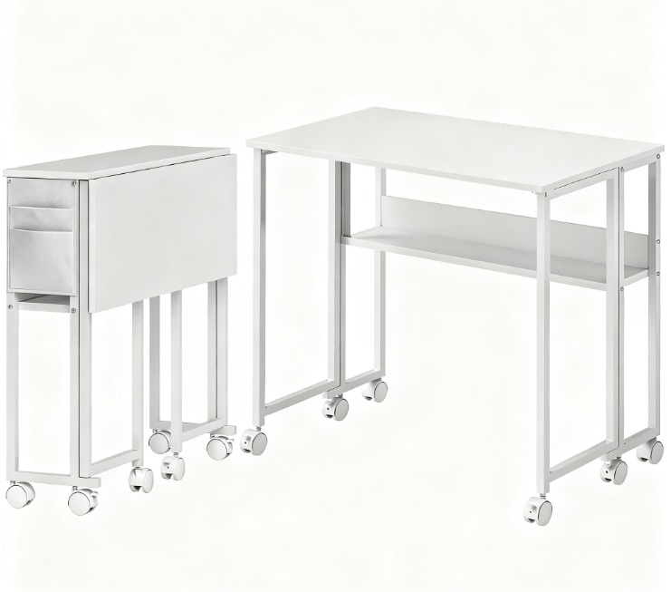 Folding Computer Desk,with Storage Bag, Shelf and Wheels for Small Spaces, Home Office