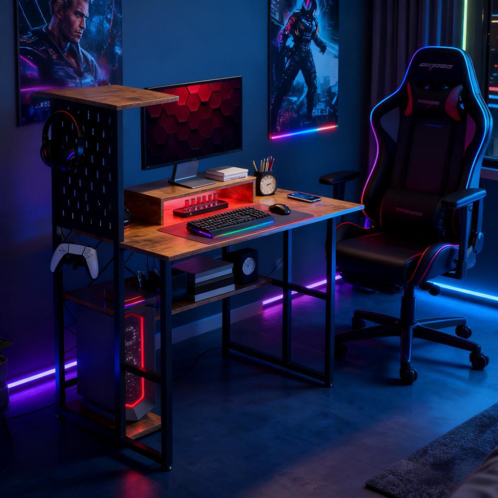 Computer Desk, Computer Table with Power Outlets and LED Lights,For Home and Office