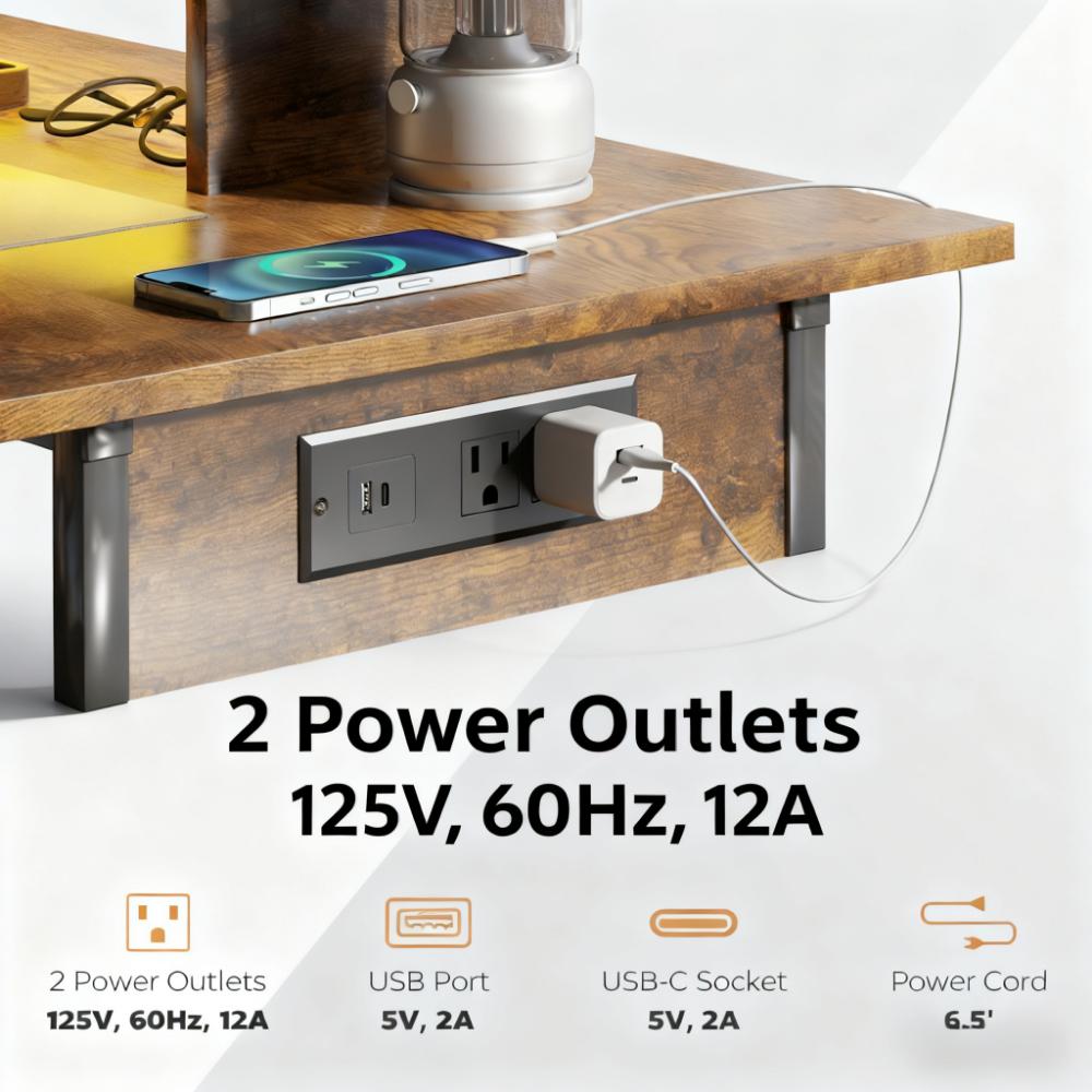 Computer Desk, Computer Table with Power Outlets and LED Lights,For Home and Office