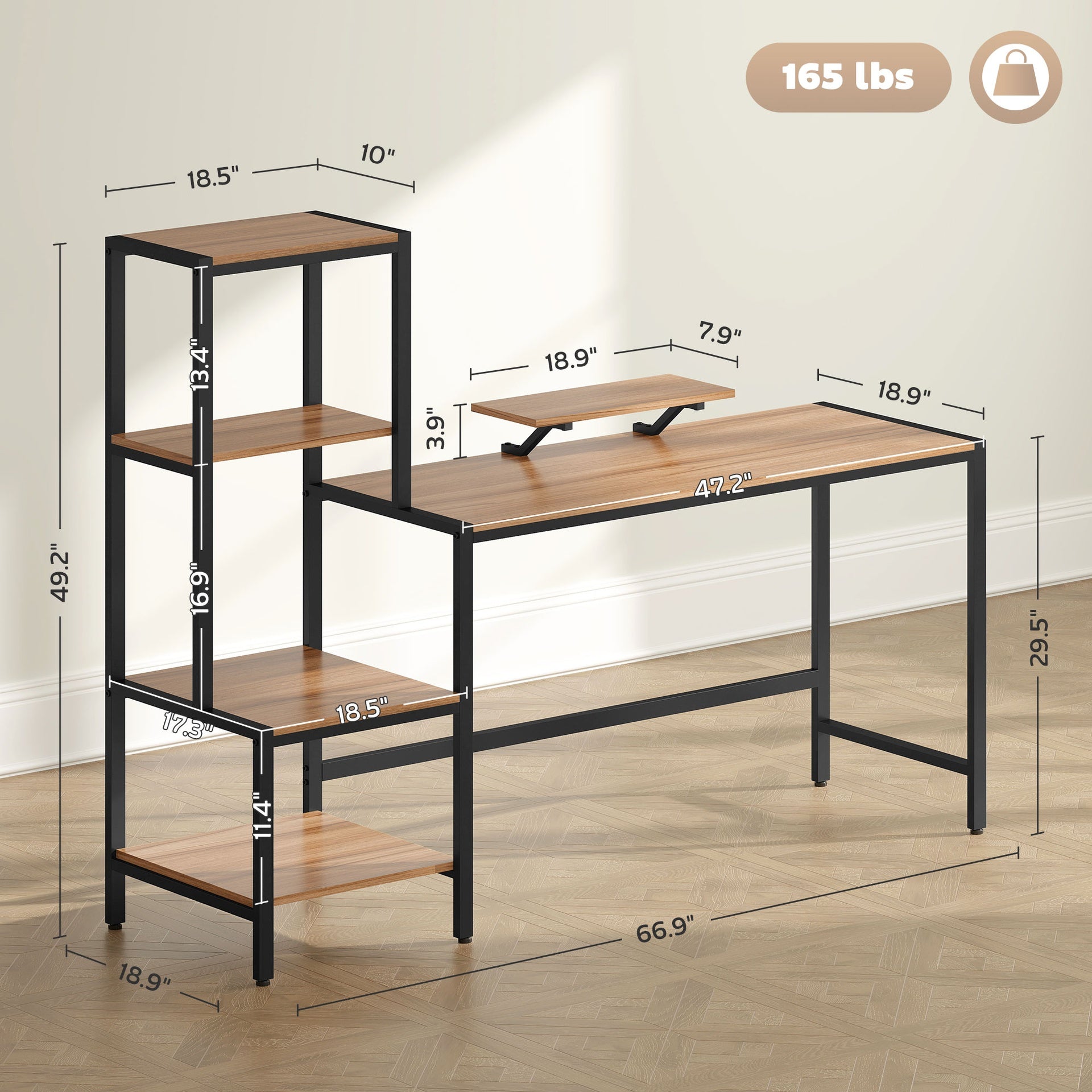 CPU Desk with Monitor Stand,Computer Desk,Reversible 4-Tier Shelf, Industrial Writing Desk