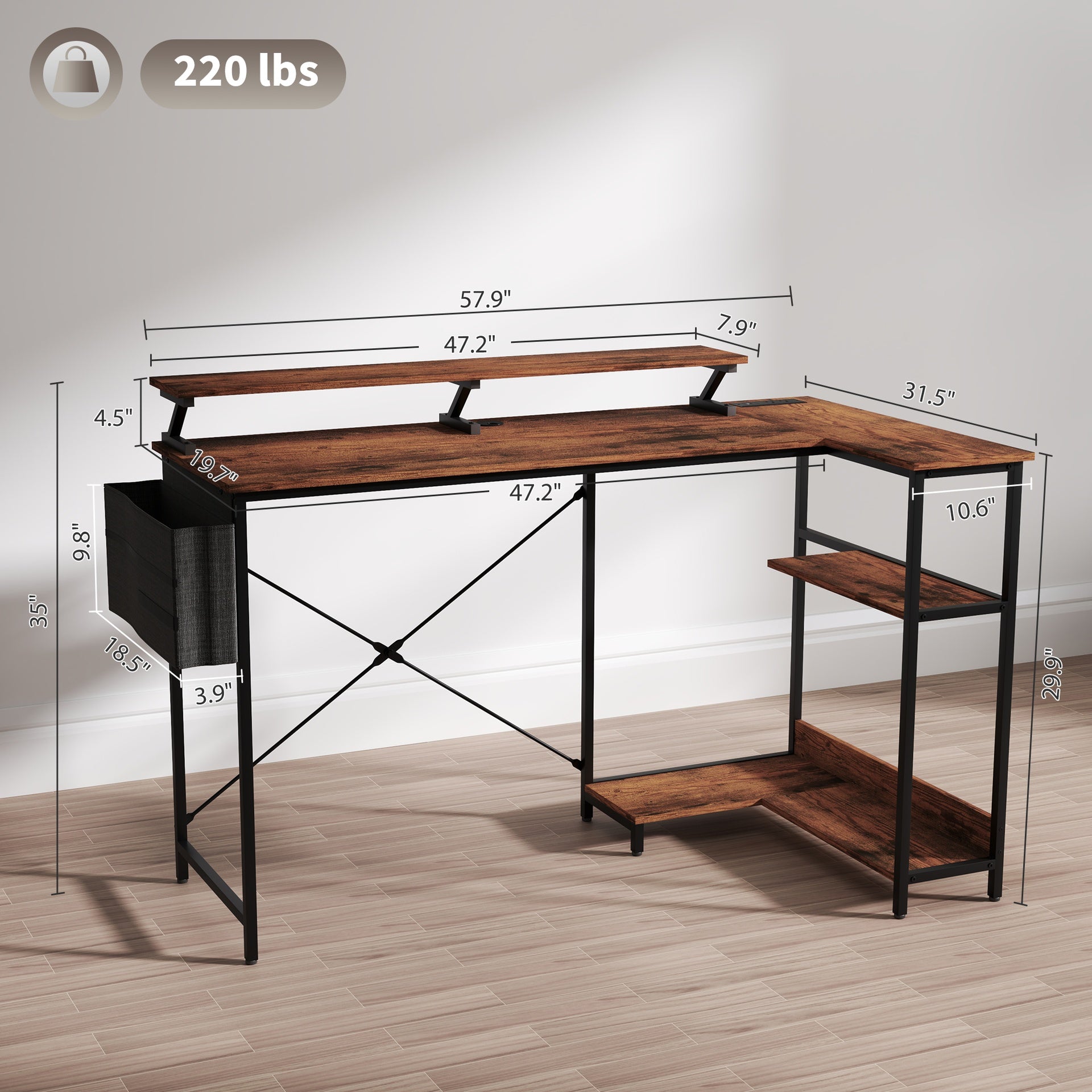 Computer Desk with Reversible L Shaped, Corner Desk with Monitor Stand,Power Outlets and LED Lights