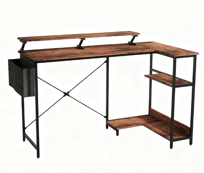 Computer Desk with Reversible L Shaped, Corner Desk with Monitor Stand,Power Outlets and LED Lights