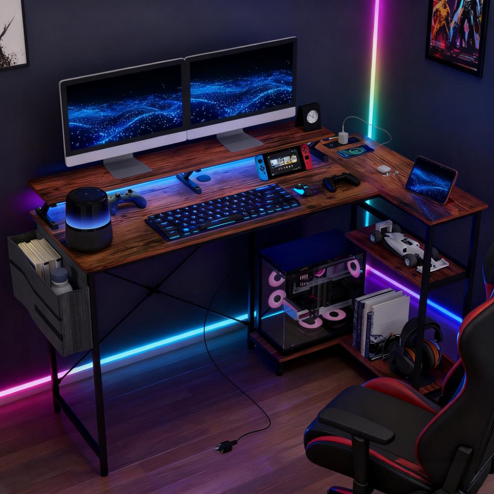 Computer Desk with Reversible L Shaped, Corner Desk with Monitor Stand,Power Outlets and LED Lights