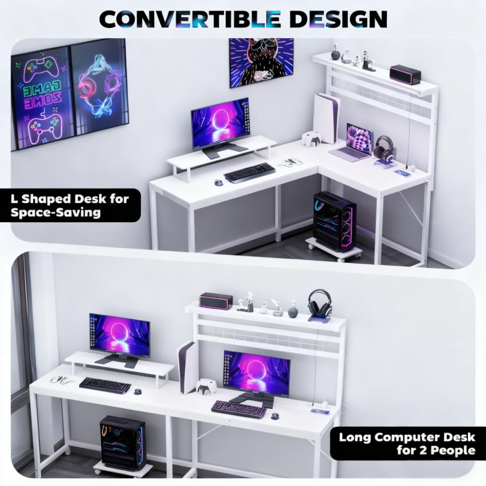 Computer Desk,L Shaped Gaming Desk with Power Outlets & LED Lights,with Monitor Stand and CPU Shelf
