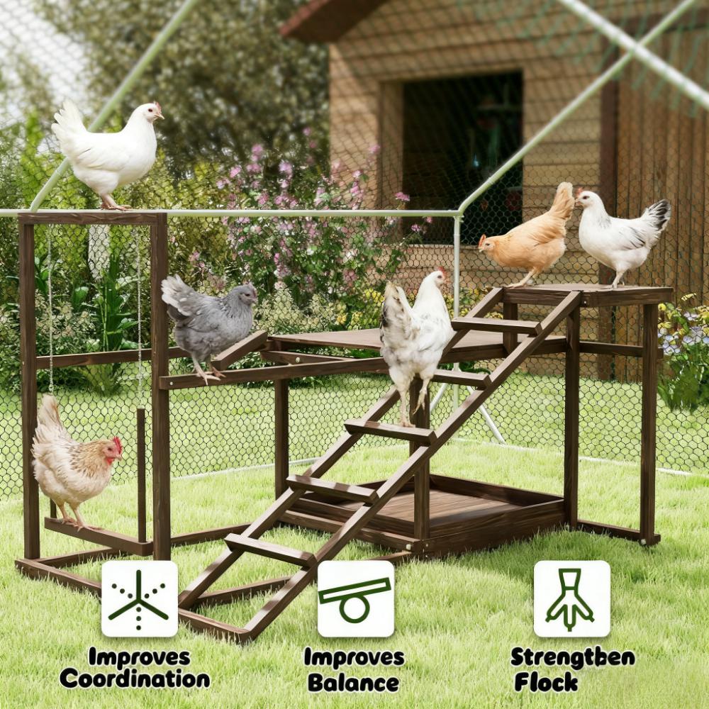 Pet  Activity Play Set,Wooden Chicken Activity Play Set withSwing,Ladder,Platforms,Feeder Storage