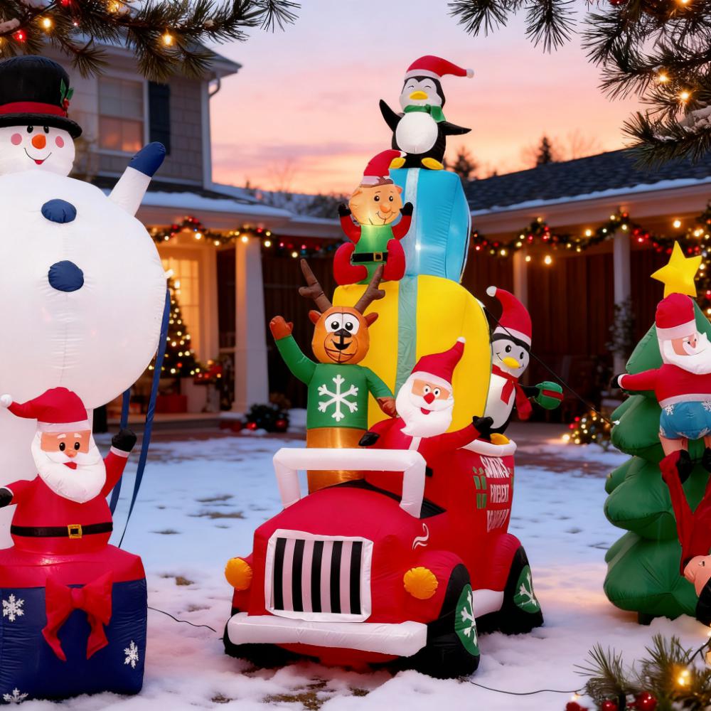Inflatable Santa Gift Delivery Truck with Elf,Reindeer & Penguins,Fun-Loaded Outdoor Christmas Yard Decor for Festive Vibes