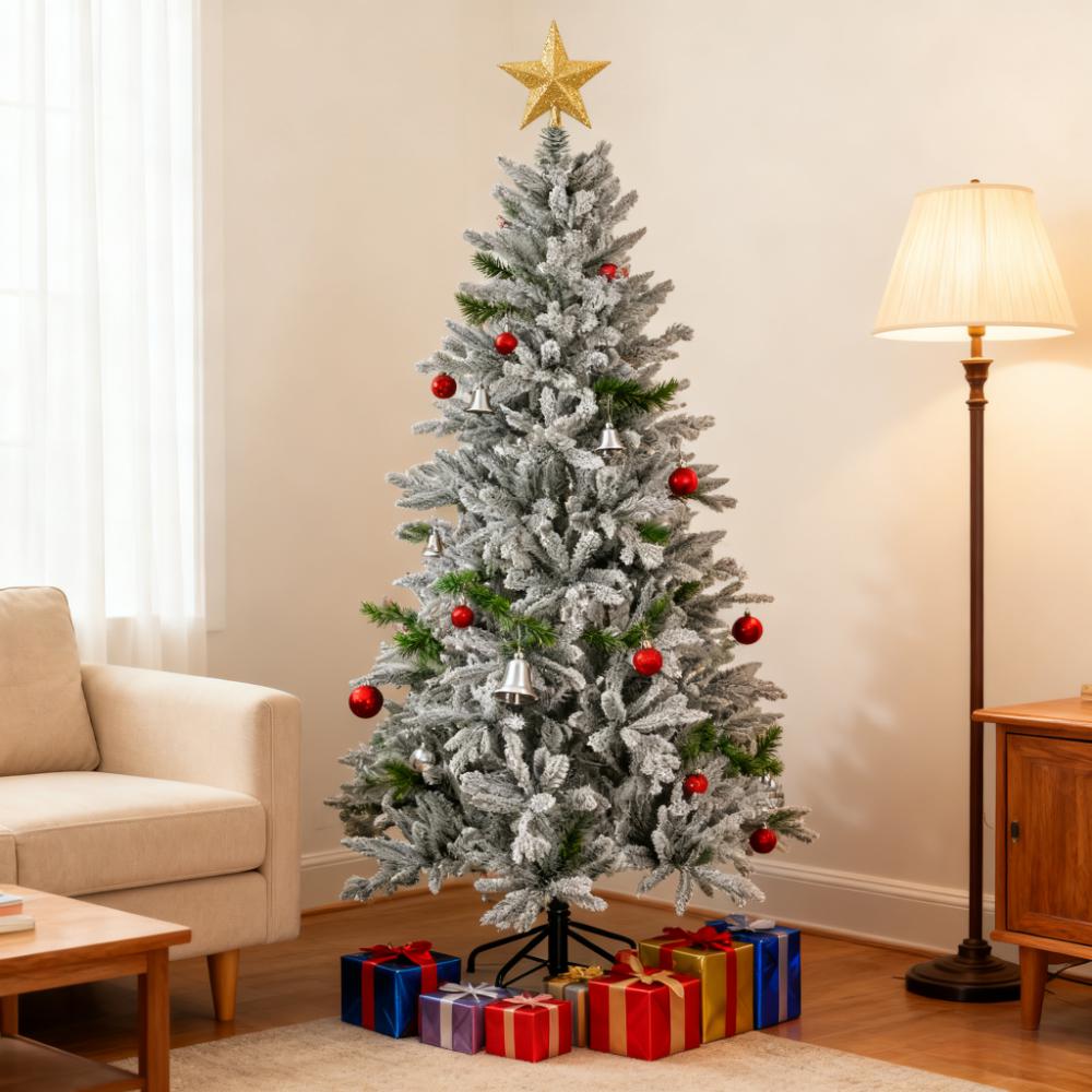 Snowy Artificial Christmas Tree with Easy Assembly–A Cozy Addition to Your Living Room Corner for Festive Season