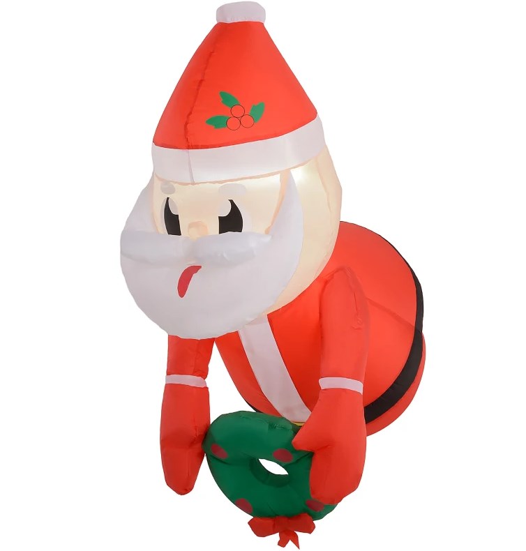 Inflatable Santa Claus Holding Wreath LED Lights, Blow-Up Outdoor Hanging Display