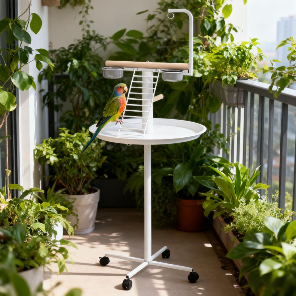 Easy to Move Bird Stand with Wheels, Feed Bowls, Round Tray,Bird Feeder Station