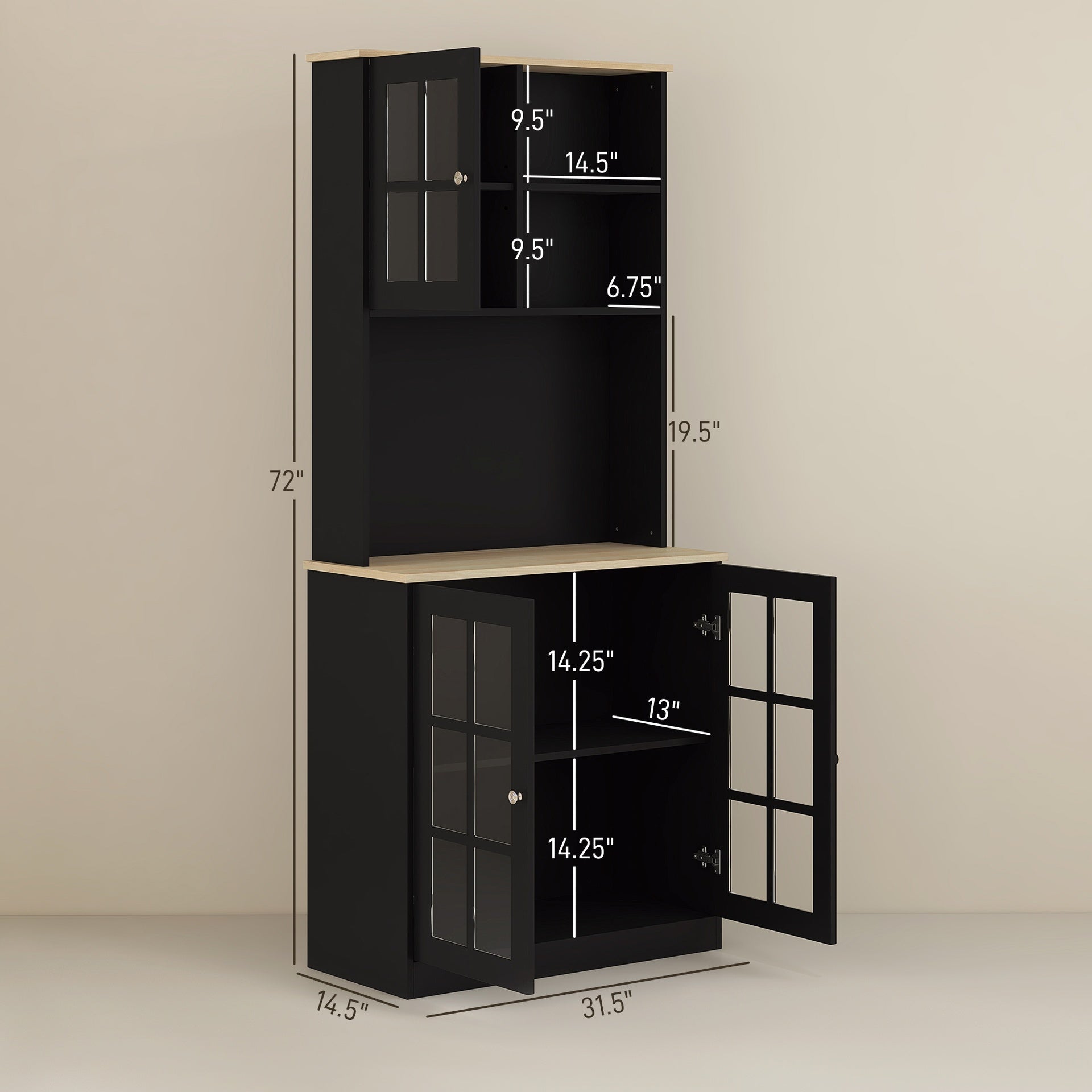 Freestanding Cabinet,Kitchen Pantry Storage Cabinet,Large Countertop, Glass Doors and Adjustable Shelves for Dining Room