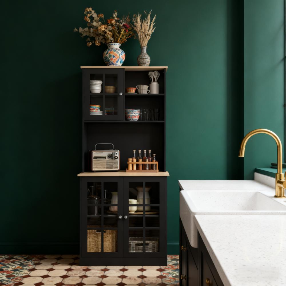 Freestanding Cabinet,Kitchen Pantry Storage Cabinet,Large Countertop, Glass Doors and Adjustable Shelves for Dining Room
