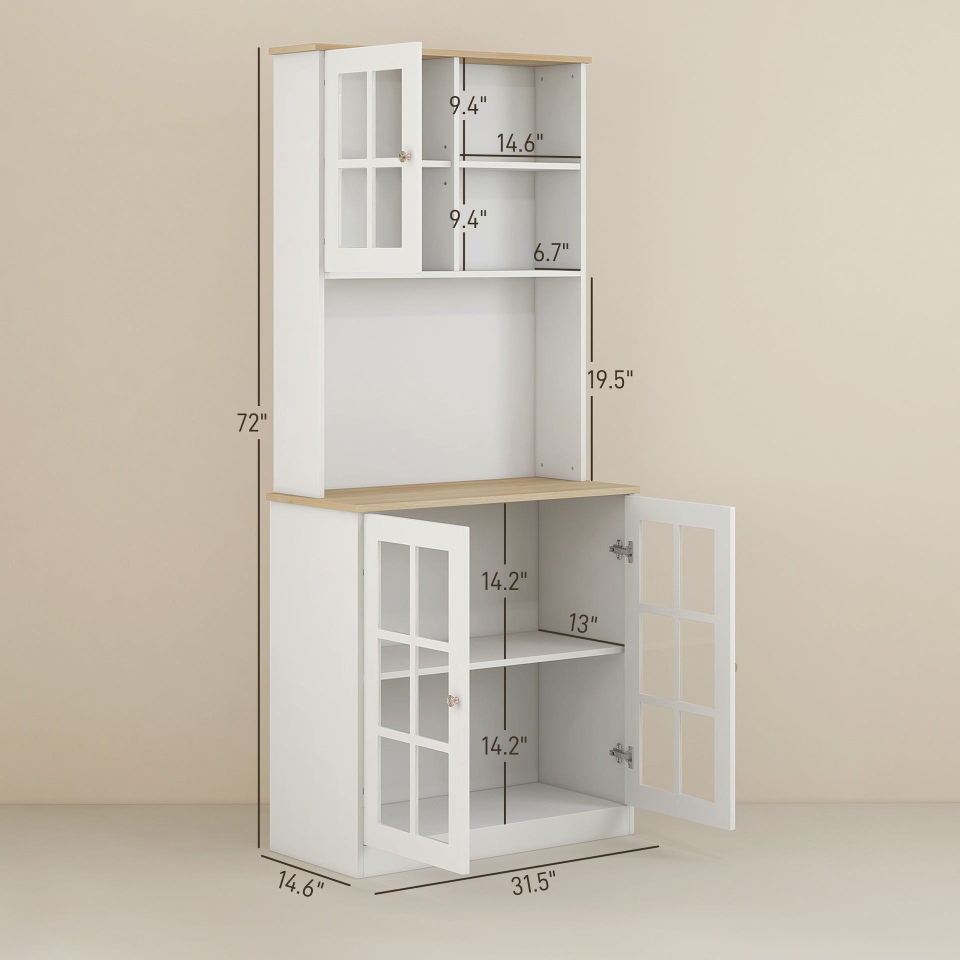 Large Countertop Kitchen Pantry Cabinet,Freestanding Storage Cabinet with Hutch,Glass Doors and Adjustable Shelves