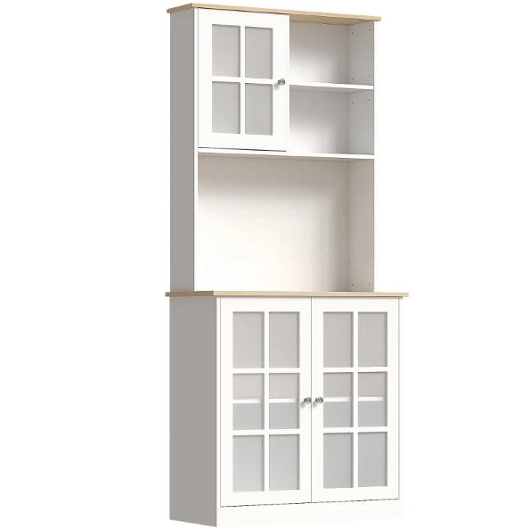 Large Countertop Kitchen Pantry Cabinet,Freestanding Storage Cabinet with Hutch,Glass Doors and Adjustable Shelves