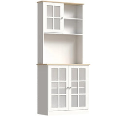 Large Countertop Kitchen Pantry Cabinet,Freestanding Storage Cabinet with Hutch,Glass Doors and Adjustable Shelves