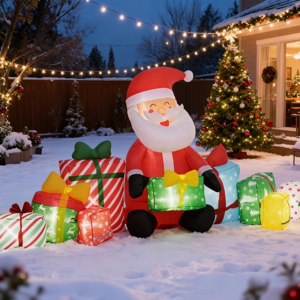 Blow-Up Outdoor Display for Holiday,Inflatable Santa Claus and Gift Boxes,White LED Lights