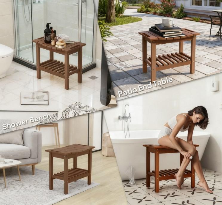 Waterproof Shower Stool with Handle, Storage Shelf Bench, Non-Slip Pads Bench for Indoor Outdoor
