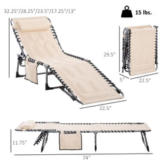Outdoor Reclining Camping Tanning Chair,Padded Folding Chaise Lounge Chair,with Headrest for Beach, Yard, Patio, Pool