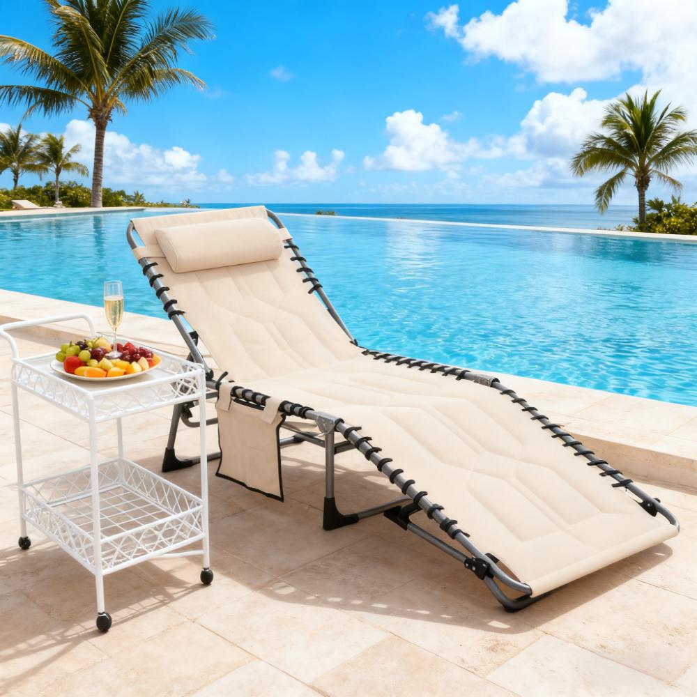 Outdoor Reclining Camping Tanning Chair,Padded Folding Chaise Lounge Chair,with Headrest for Beach, Yard, Patio, Pool