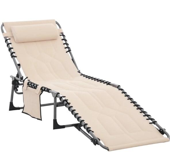 Outdoor Reclining Camping Tanning Chair,Padded Folding Chaise Lounge Chair,with Headrest for Beach, Yard, Patio, Pool