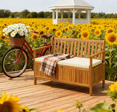 Wood Patio Bench,Outdoor Bench with Storage Compartment,Garden Bench with Cushion