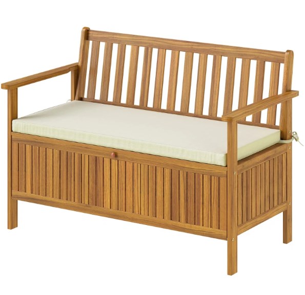 Wood Patio Bench,Outdoor Bench with Storage Compartment,Garden Bench with Cushion