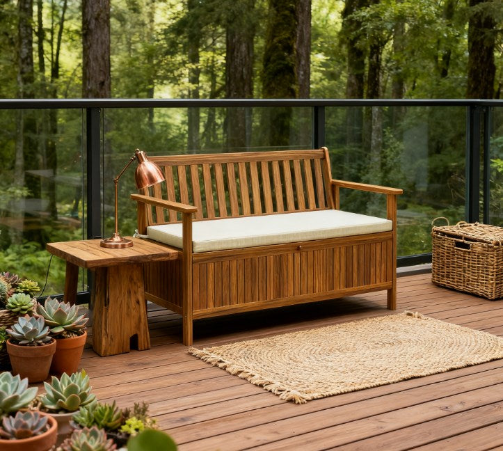 Wood Patio Bench,Outdoor Bench with Storage Compartment,Garden Bench with Cushion