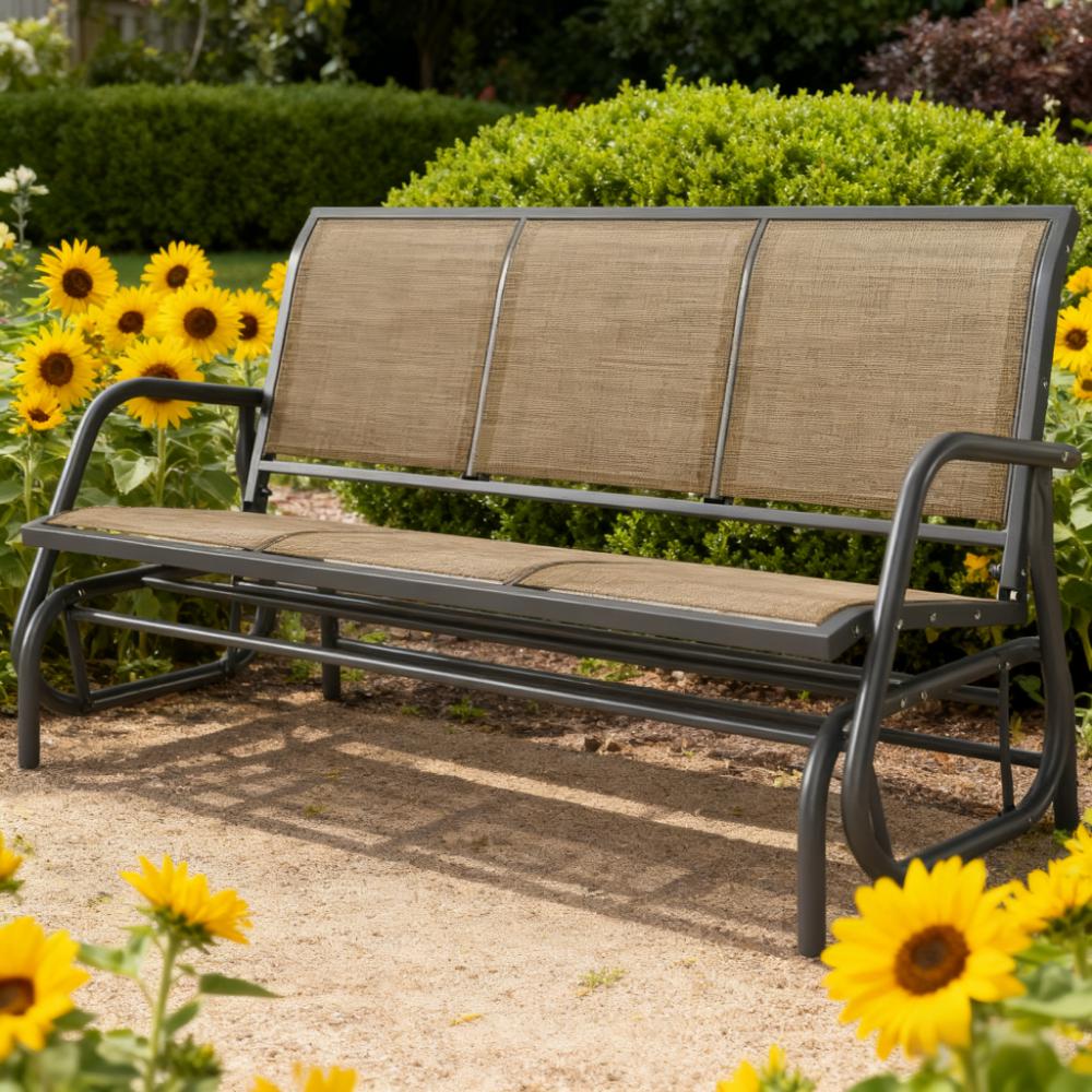 Porch Glider Swing with 3 Seats,3-Person Outdoor Patio Glider Bench,Breathable Mesh Fabric,Metal Frame