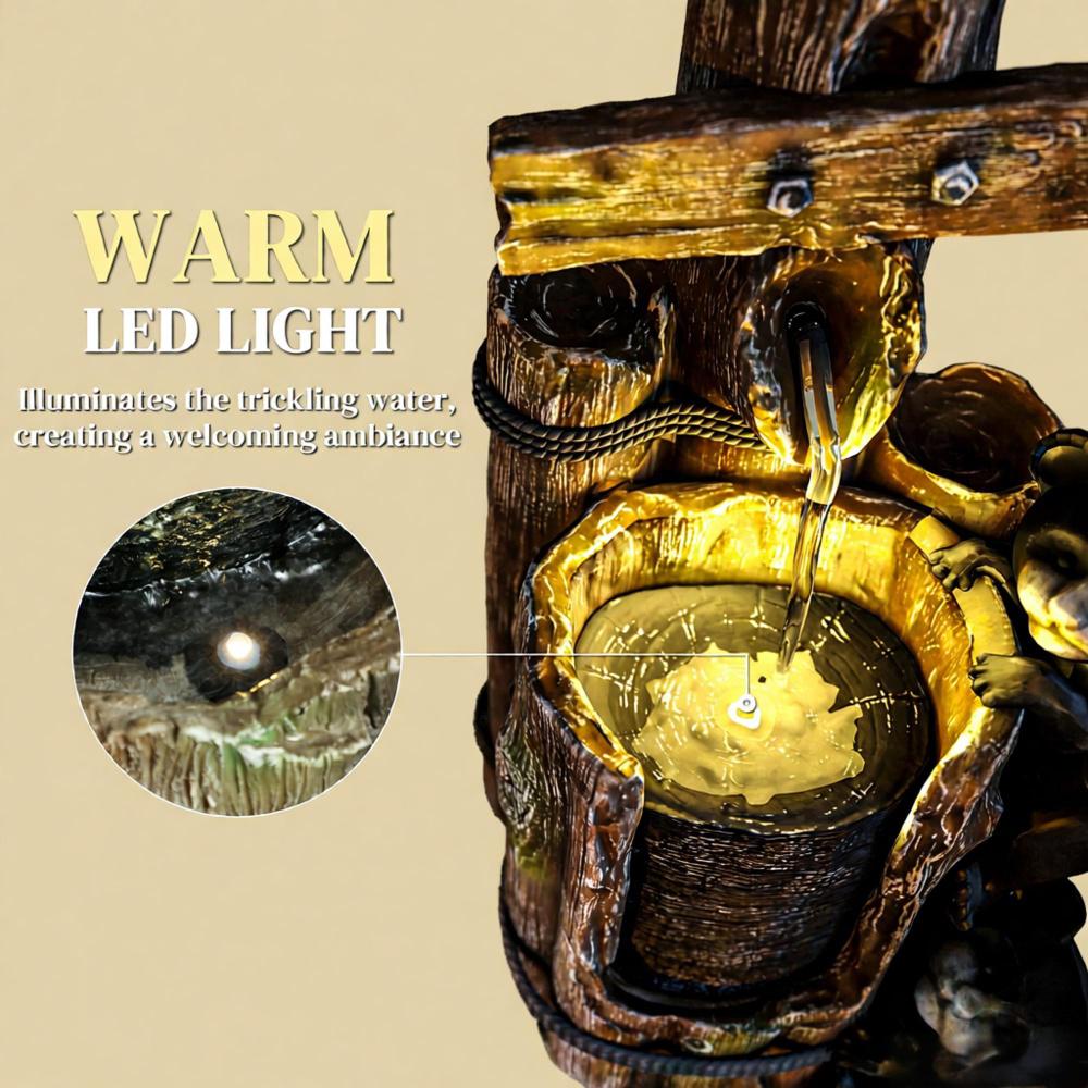 3-Tier Resin Bears on Log Outdoor Waterfall Fountain,Water Fountain with LED Lights, Pump